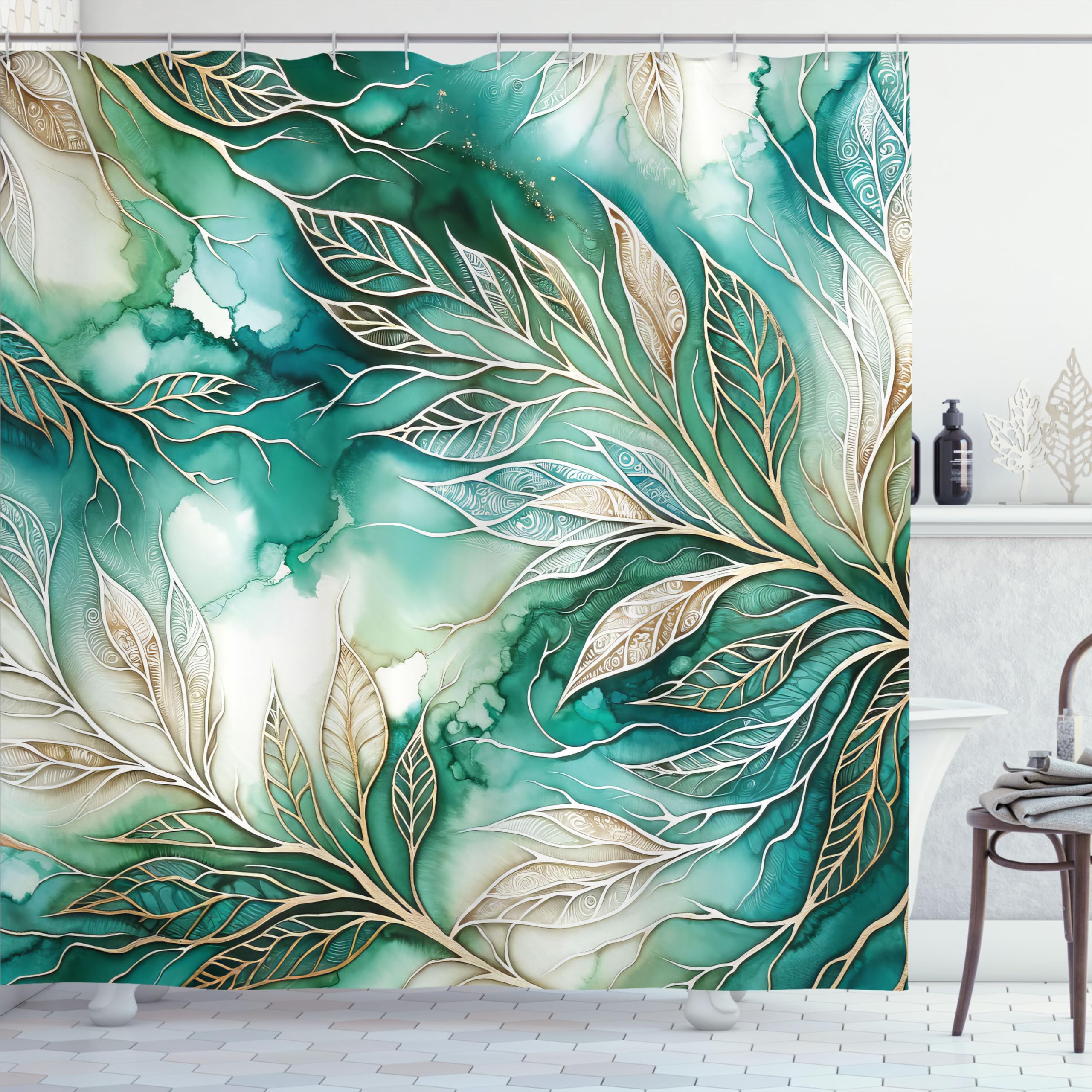 Ambesonne Teal Shower Curtain, Greenery Marble Print Look Atmosphere With Gold Yellow Tone Leafy Lines, Cloth Fabric Bathroom De